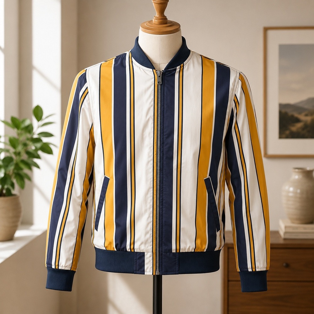 Denim & Flower Ricky Singh Bomber Jacket Mens M Blue Yellow White Striped Zip Up